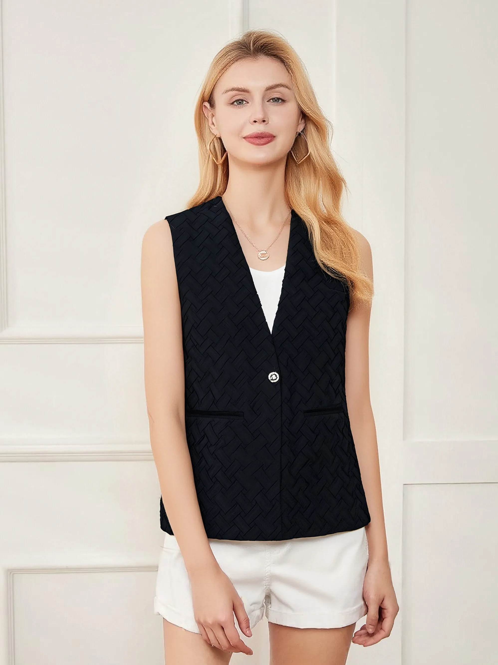 

Fashionable V-Neck Small Fragrant Style Woven Korean Casual Vest Exquisite Temperament Personalized Clothing