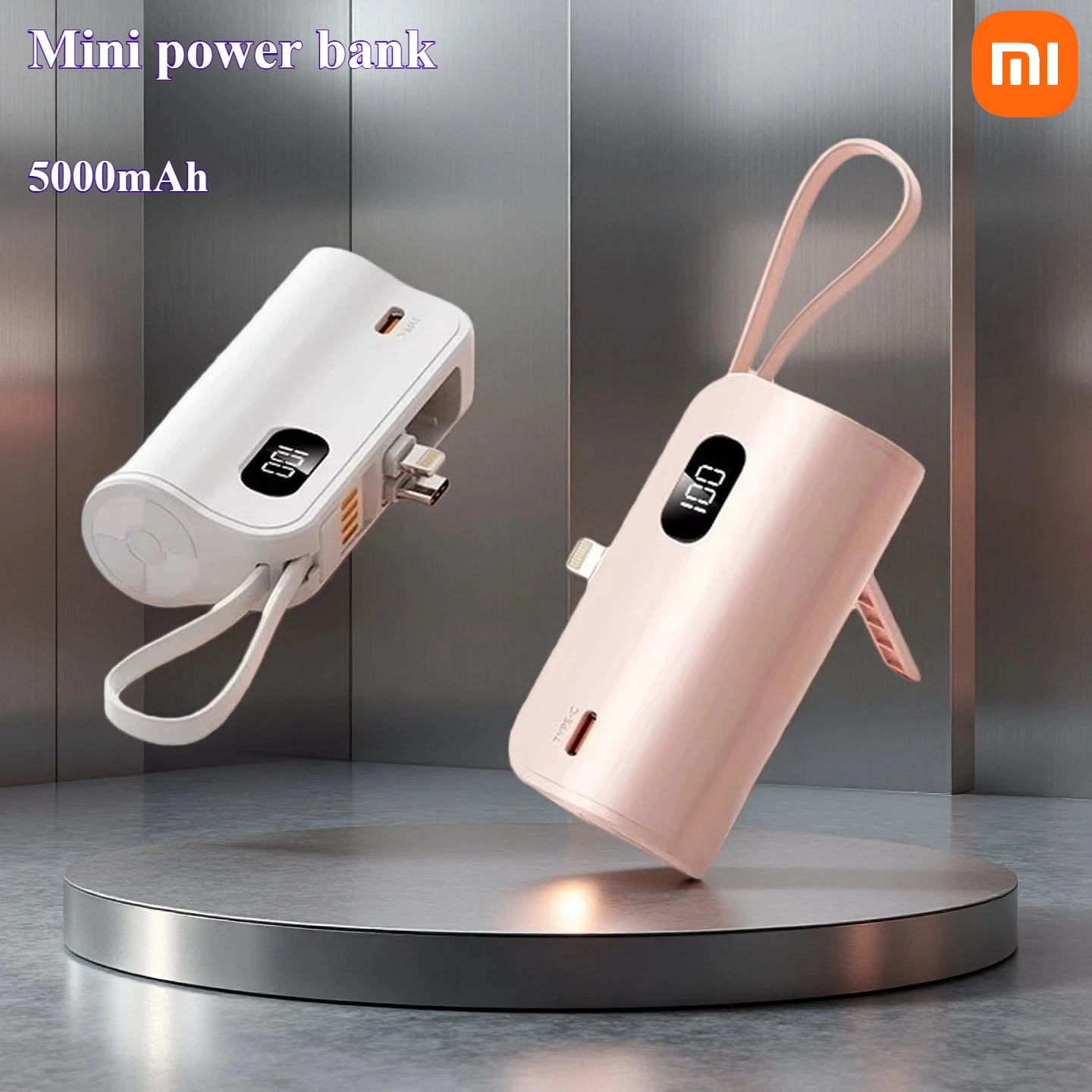 

Xiaomi mini capsule power bank with dual plugs, 5000 mAh, portable external battery fast charger for iPhone, Samsung, Xiaomi