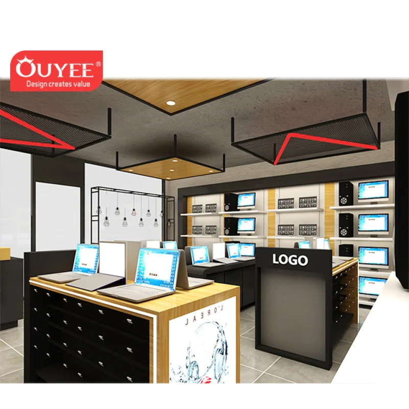 Op maat gemaakte mode-retail moderne computerwinkel ontwerp / laptopwinkel display glazen display showcase wandkast