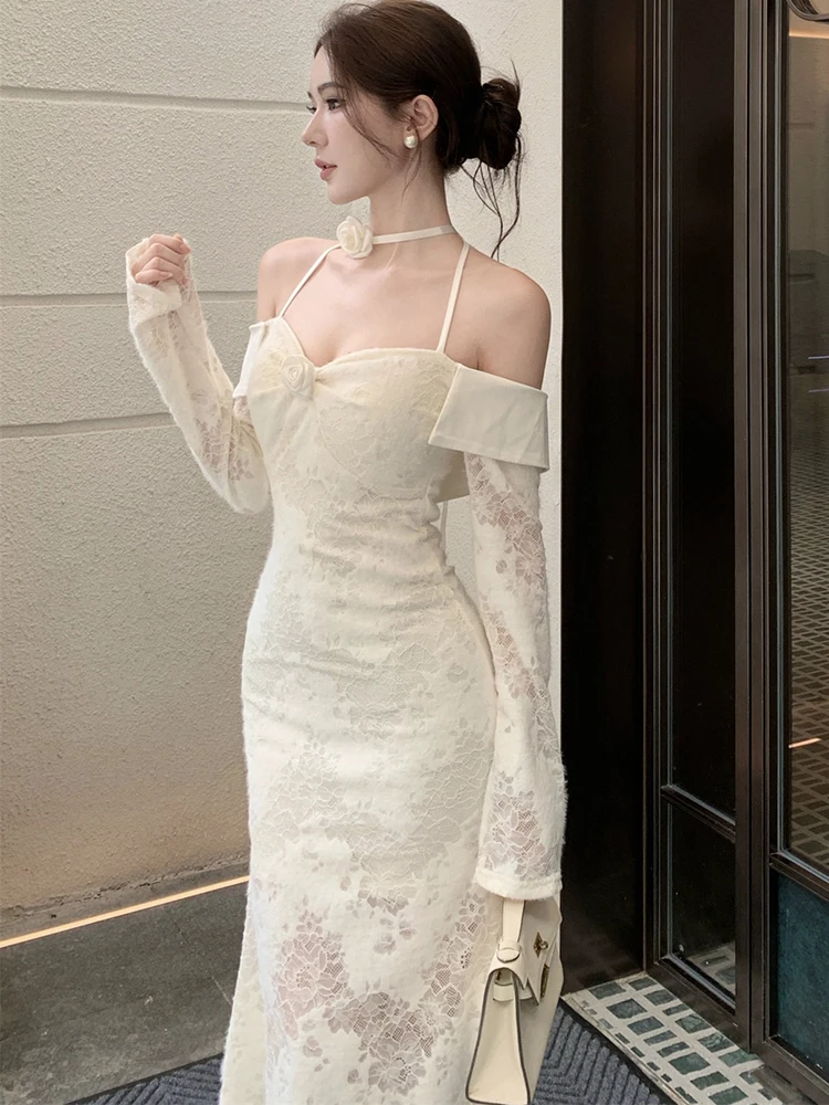 2025 Wit Kant Jacquard Chic Hals Gemonteerde Sexy Lange Jurk Vrouwen Koreaanse Mode Casual Jurk Herfst Elegante Bodycon Feestjurk