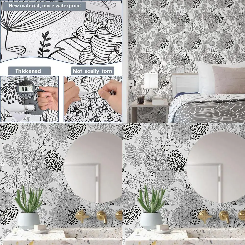 

Винтажные обои в стиле бохо с цветочным рисунком - черно-белые для ванной комнаты, шкафов, ящиков, прачечной - съемный водонепроницаемый