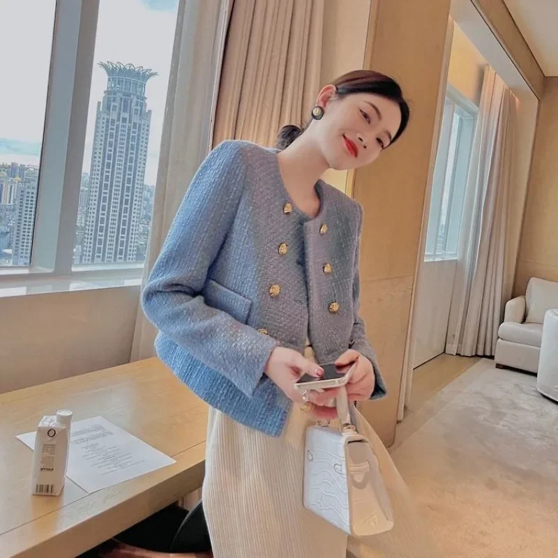 Giacca corta da donna Cappotto in misto lana tweed mezzo blu per donna Moda media 2025 Abbigliamento caldo in stile coreano di alta qualità