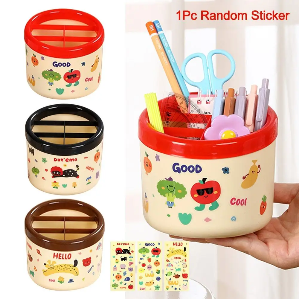 Cartoon Pen Holder Dopamine Large Capacity Stationery Storage Box with Sticker Multi Grid Makeup Brush Organizer