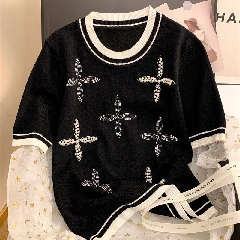 Summer Fashion Round Neck Beading Knitting T-shirt Ladies Short Sleeve Loose Casual Patchwork Tee Top Women All-match Pullovers