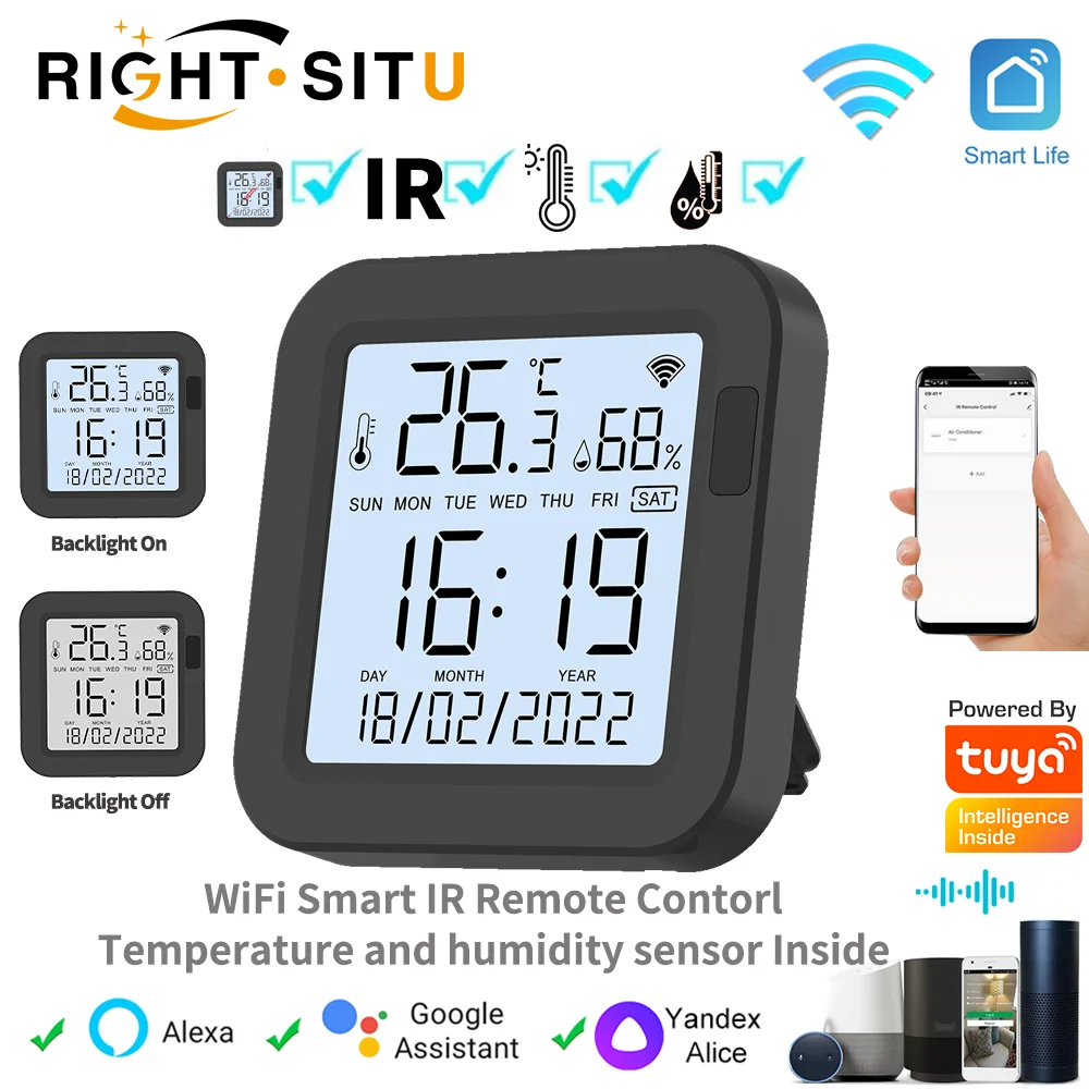 Tuya Remote Control WiFi Smart Life Universal IR Controller With Temperature Humidity Sensor Blacklight Screen Works with Alexa