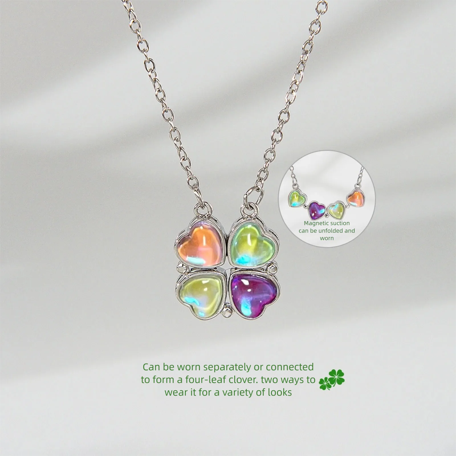 

Green Four Leaf Clover Pendant Magnetic Heart Open Design Necklace Women, Statement Choker Unique Gift for Gift