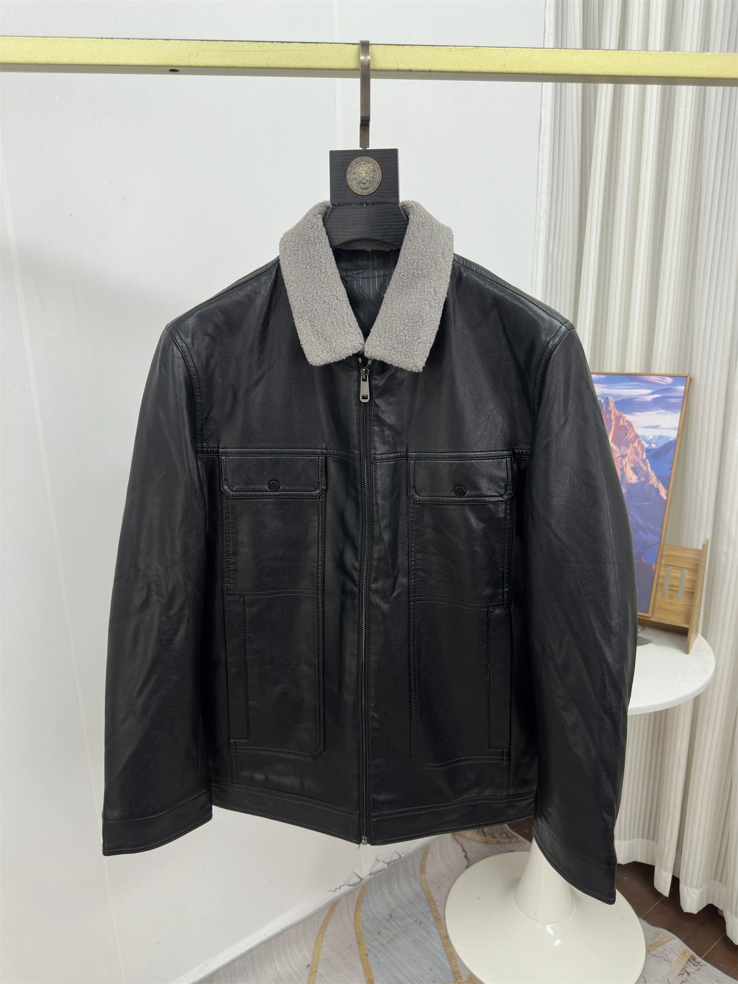 

Warm Fce Lined down Jaet Zipper Closure Busin Casual Mid-Year Men's Leather Jaet Long Sve Regular Fit Coat