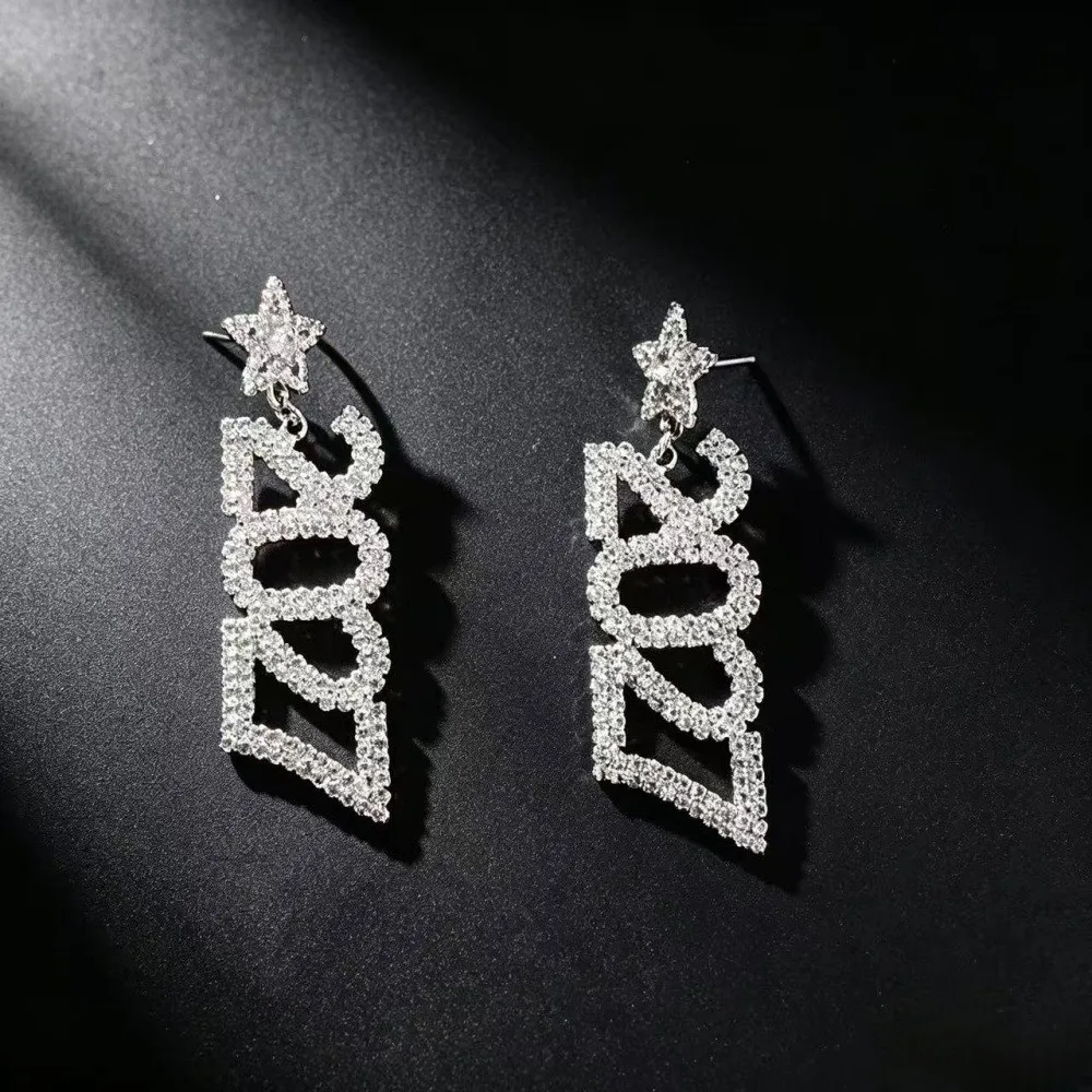 Luxury Elegant 2027 Digital Earrings Rhinestone Long Drop New Year Earrings Fashion Shiny Long Drop Earring Celebration Holiday