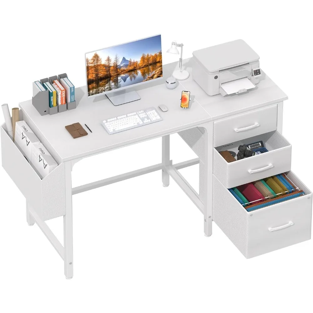 

White Desk with Fabric File Drawers Cabinet, 47 Inch Reversible Computer Desk with Filing Cabinet for Bedroom Small Space Home