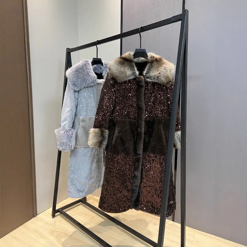 Long Faux Fox Fur Coat Elegant Socialite Style Fashion Sequin Furry Coats 2025 New Autumn Winter Woolen Jacket Outerwear Ladies