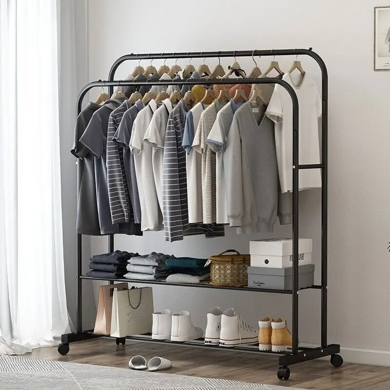 

Heavy Metal Double Clothes Rail Hanging Rack Garment Display Stand Storage Shelf Rolling Closet Organizer