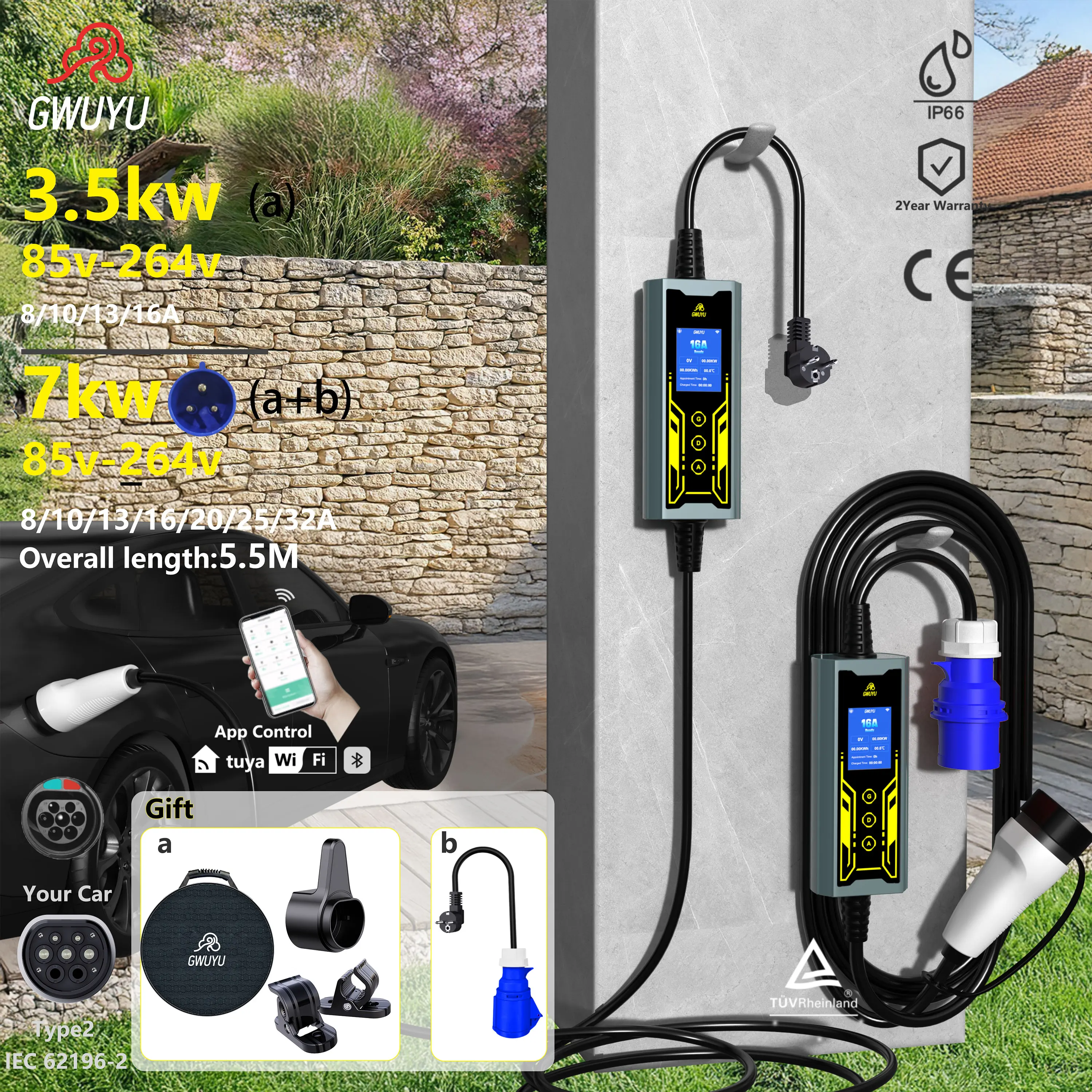 

GWUYU 32A 7KW 1-фазное портативное зарядное устройство для электромобилей Wallbox EVSE Кабель для быстрой зарядки CEE Plug Type 2 IEC 62196-2 для электромобиля