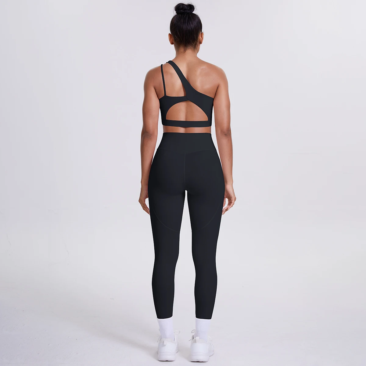 2-teiliges einfarbiges Sport-Yoga-Set für Damen, sexy, schräger Schulter-BH, Fitness-Top, Laufen, Radfahren, Taschen, Hosen, Fitnessstudio, Yoga-Set – Detail 10
