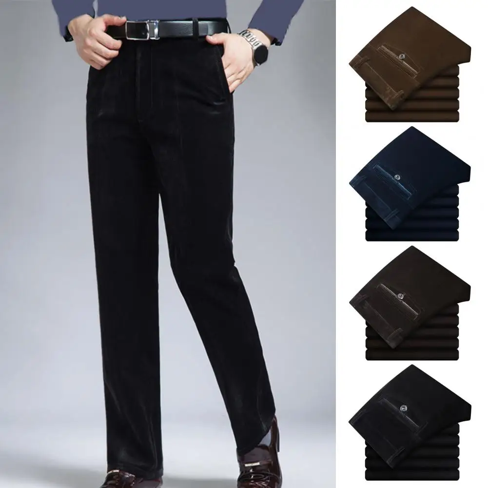 

Mid-aged Men Pants Corduroy Solid Color Soft Plush Straight Wide Leg High Waist Button Zipper Closure Formal Business Style Long