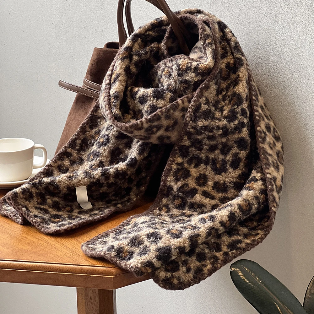 2024 Women Winter Warm Scarves  Leopard Print Vintage Women Knitted Scarf Female Scarves