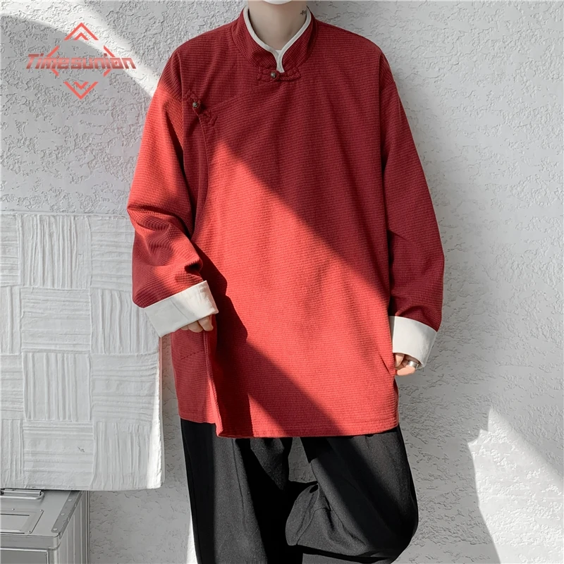 

Китайский стиль ретро куртки для мужчины Hanfu Топсы длинные рукава пальто Патчёрки Топ мужчины наклоненные пряжка Тан Suite Кардиган осень