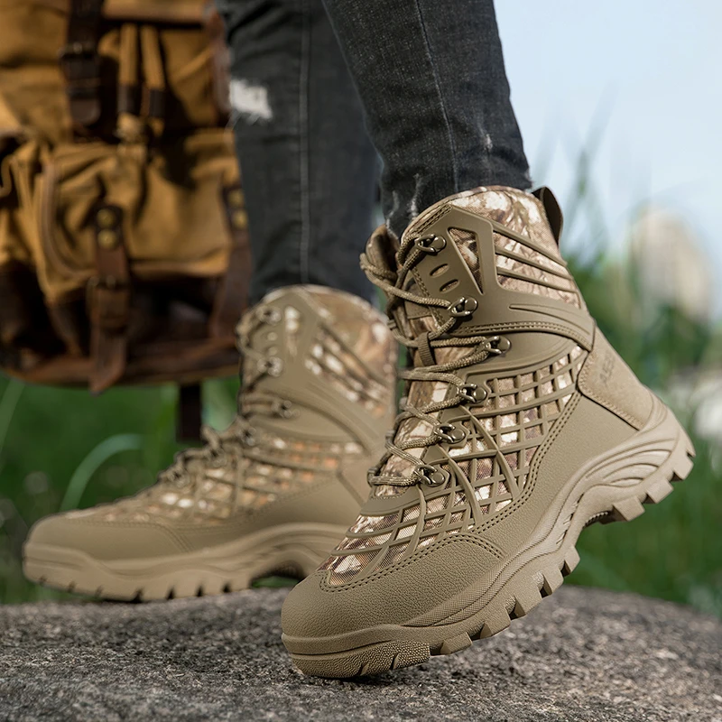 メンズハイカットタクティカルブーツ 通気性のある滑り止めゴム - Men'S Shoes Hiking のレビューと価格