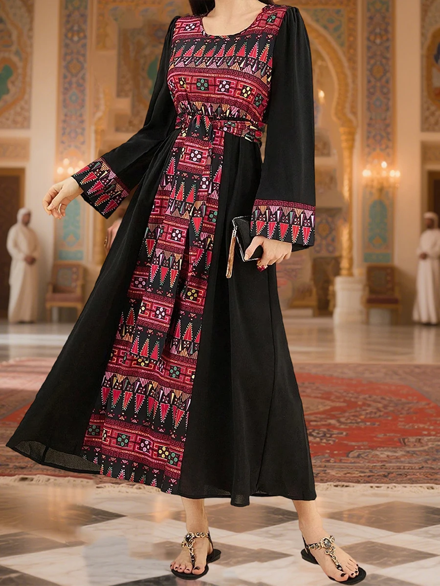 Nueva moda mujer otoño vestido largo Kaftan manga larga patrón Retro estampado cintura ahumada vestido árabe gran oferta S-XL
