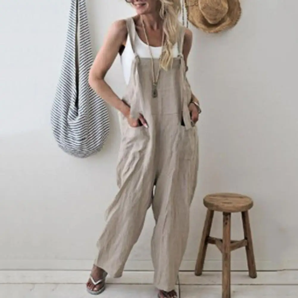 Women Strap Pants Loose Jumpsuit Baggy Trousers Overalls Pants Bodysuit Ladies Casual Cotton Linen Jumpsuit