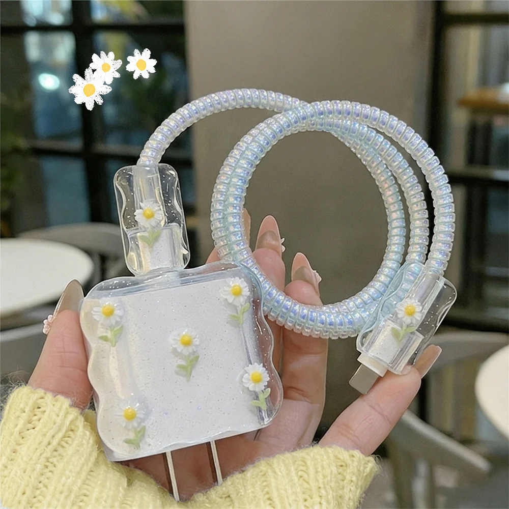 Cute Daisy Flower Case For Apple 18W/20W Charger Protect Cover For iPhone 16/17 Data Cable Charging Head Bite Protector Shell