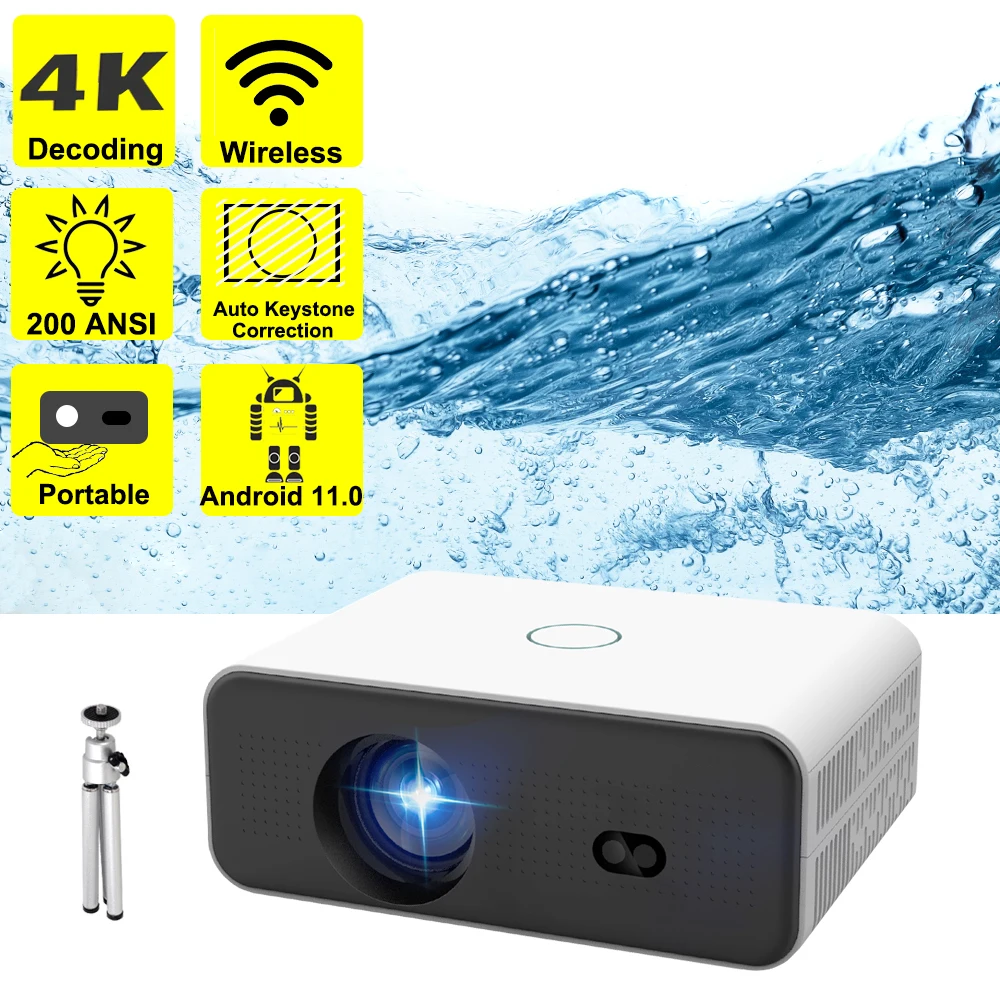 Mini Projector 4K Android 11.0 1080P 720 P 220ANSI Dual Wifi BT5.0 Home Outdoor Cinema Projection Angle Adjustable