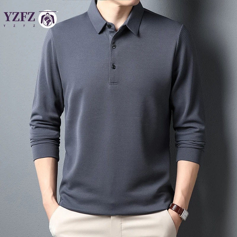 Men\'s Business Casual Lapel Long Sleeved T-shirt Comfortable All Season Pure  Top