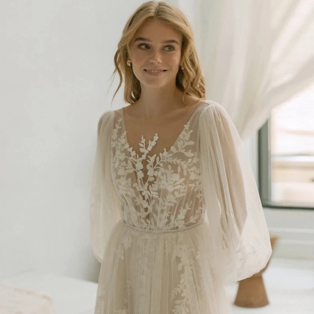 Dreamy O-Neck Puff Long Sleeves Princess Wedding Dresses Backless Lace Applique Perspective Tulle   فساتين للحفلات الراقصة