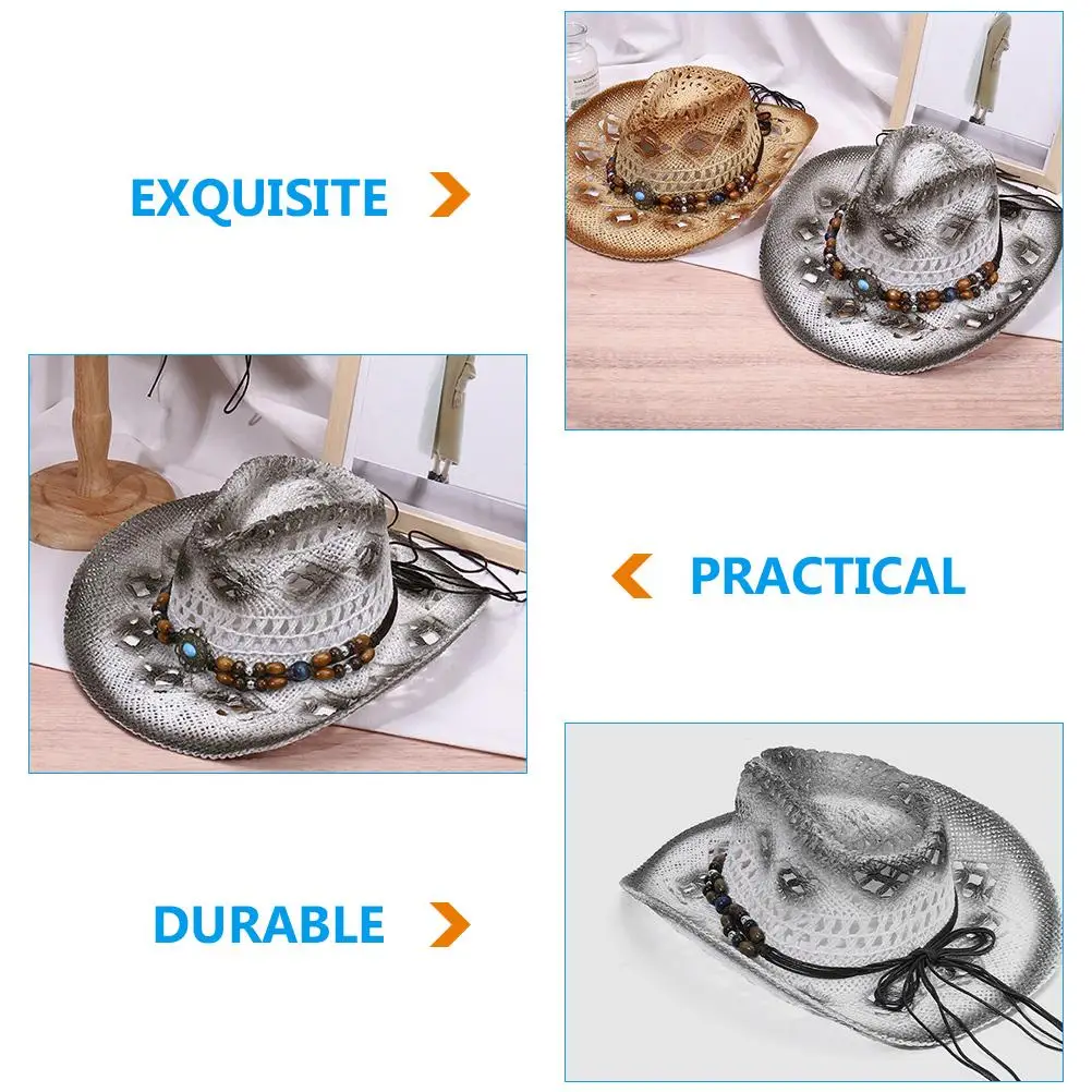 

Western Cowboy Straw Retro Party Hats for Men Women White Beige Sunshade Beach Hat Fashion Straw Braid Lightweight Travel Hat