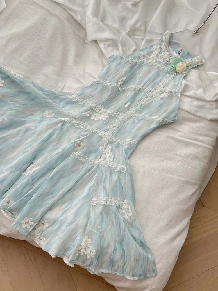 Abito all'americana da donna in pizzo senza maniche con canotta in rete Mini abito femminile 2025 Abito corto floreale ricamato con cerniera Abito a pieghe stampato