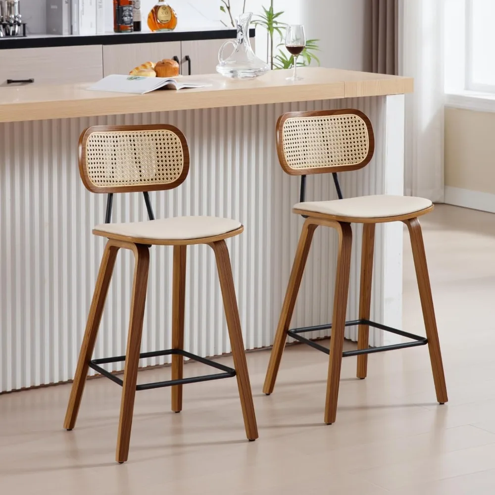 

Modern Counter Stools Set of 2, 26 Inches Counter Height Bar Stools with Rattan Back and Wood Legs