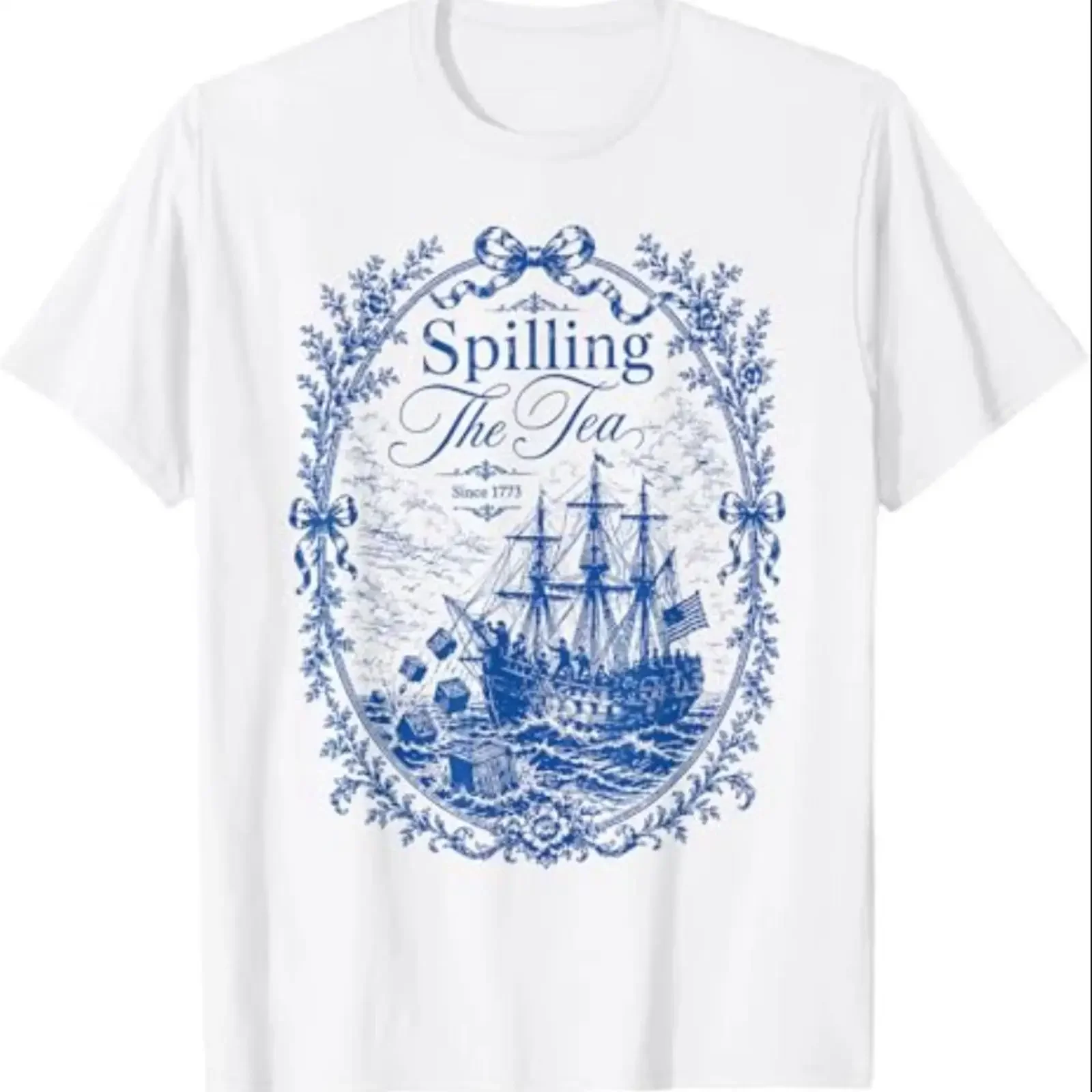 Blue Toile Spilling The Tea Since 1773 Party History Pun T Shirt vintage Washed Casual Stretched Top For Everyday Wear Slightly