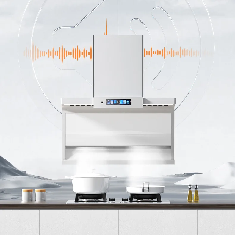 Campana extractora inteligente blanca en forma de 7, alta potencia de succión, campana extractora de doble succión lateral superior, limpieza automática, arranque y parada