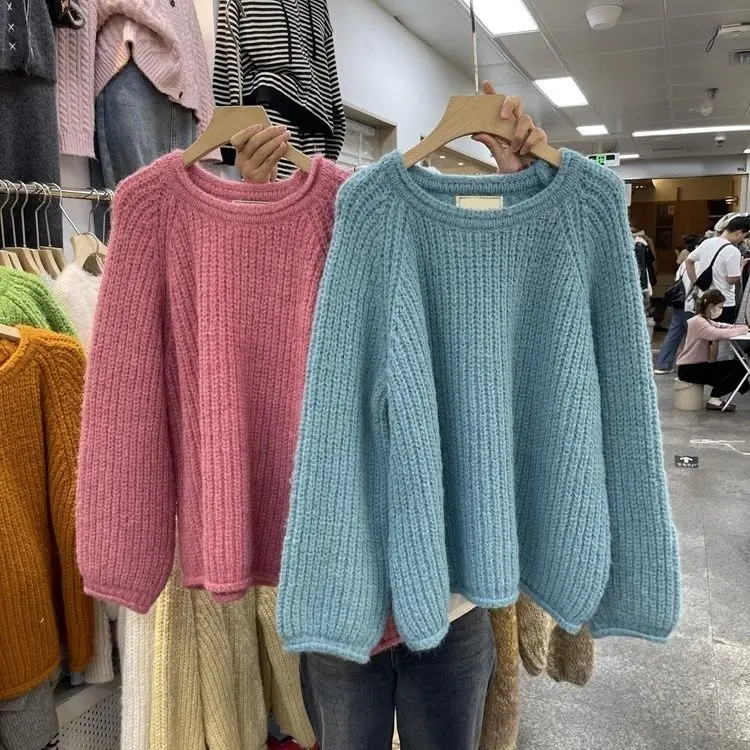 South Korea 2024 Autumn/Winter Clear Color Temperament Slimming and Age Reducing Versatile Round Neck Pullover Knitted Sweater