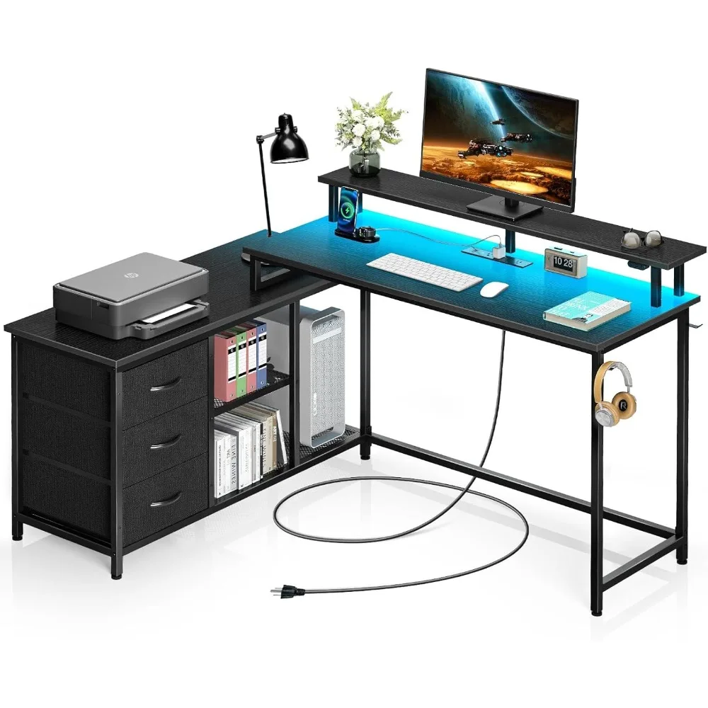 

L Shaped Computer Desk with Drawers, Reversible Gaming Desk with LED Lights & Charging Port, Corner Desk