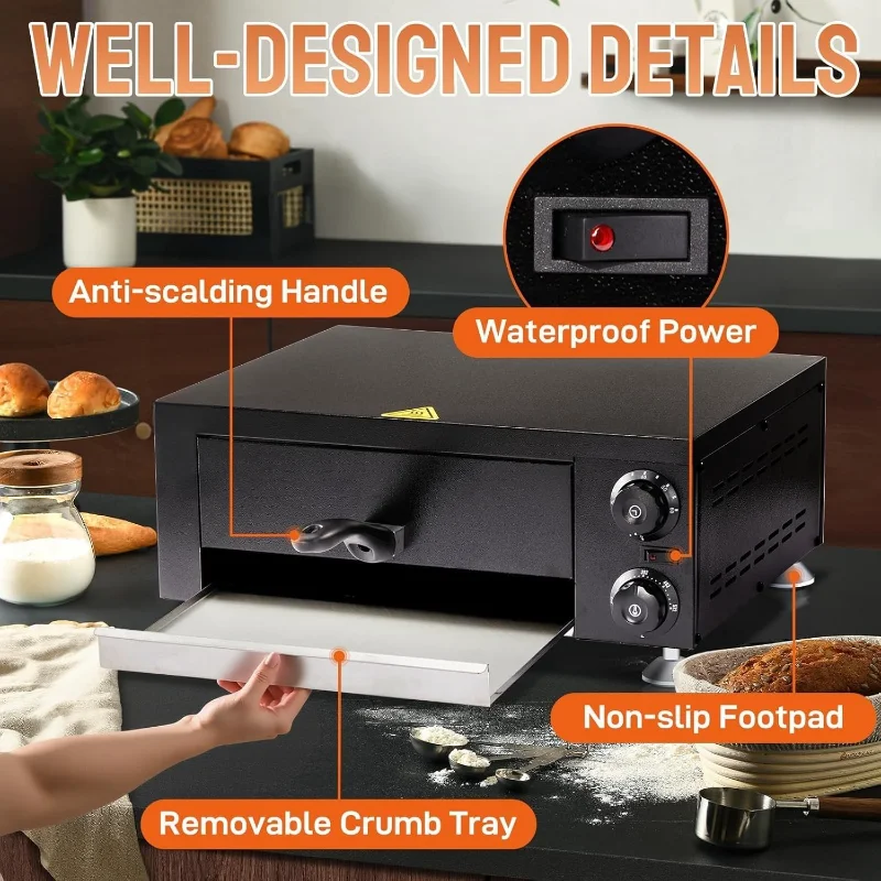 ROVSUN 전기 피자 오븐, 자동 차단 기능이 있는 110V 1100W 스테인레스 스틸 피자 베이커, 손잡이, 이동식 부스러기 트레이, 조리대