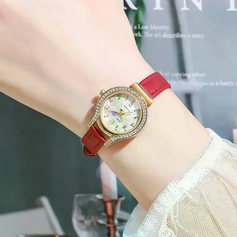 /HTF/Quartz Watch Rhinestone Bezel Gold Case PU Leather Strap Perfect For Daily Wear Dating Gifting Women