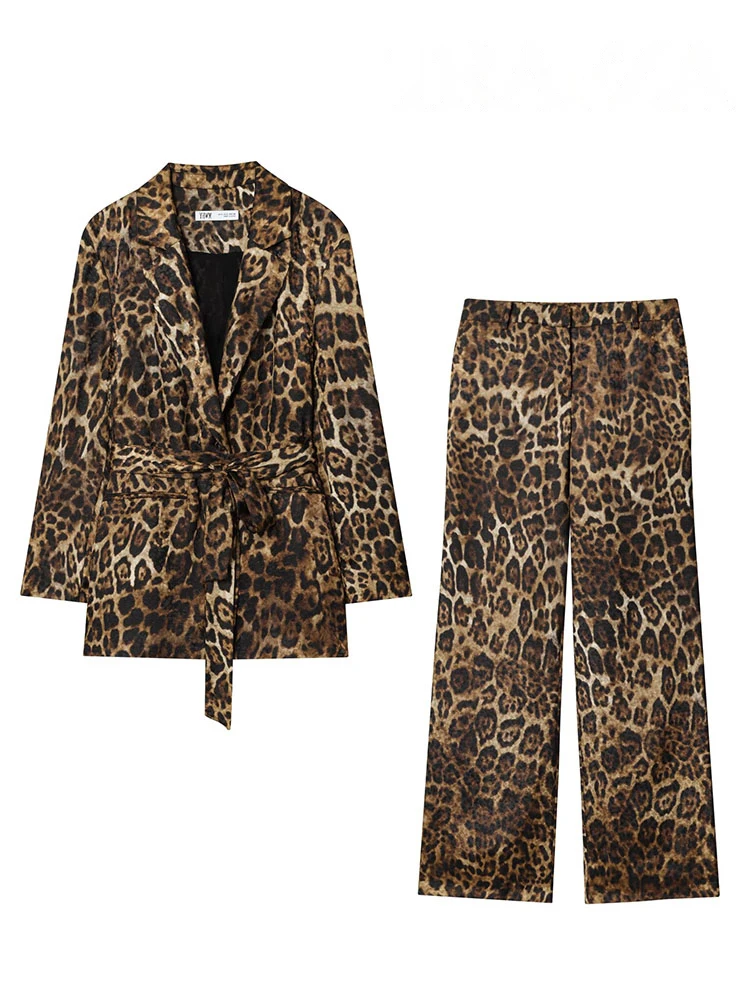 HH Women Pants Suit Chic Leopard Print Lapel Pockets Belt Design Casual Slim Blazers+New Fashion High Waist Zipper Long Pant