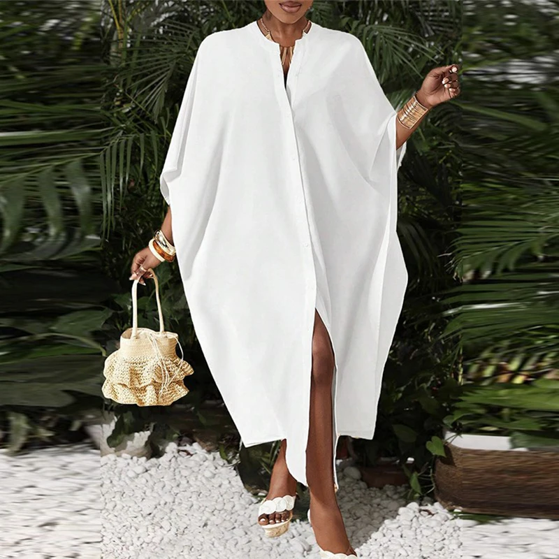 

Modigirl 2025 Summer Oversize Dresses for Women Loose V-neck Batwing Sleeves Buttoned Simple Half Sleeves Vacation Outfits Dress