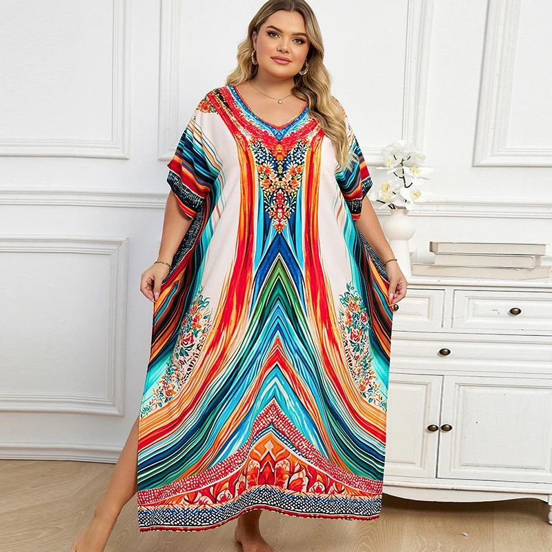 Phoneix Print Kaftan Plus Size Maxi Dress Lounge Wear Boho Chic Vibrant Tribal Vibe Women Caftan Ethnic Island Beach Cover Ups
