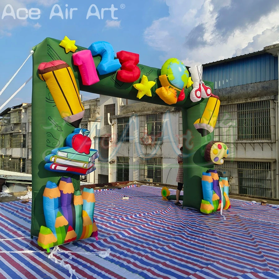 Arco de lápis verde inflável impresso personalizado, decoração de portão de loja de papelaria, portão de sinal 3d com elemento de aprendizagem