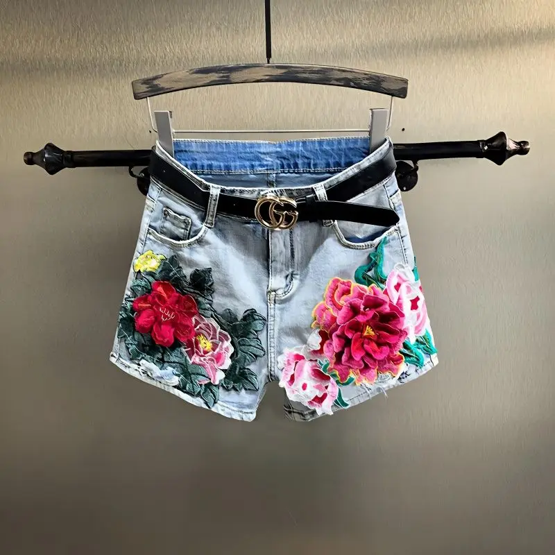 

High Waist Embroidered Peony Wide Leg Jeans Shorts Women Summer Loose Casual Slimming Hot Pants Machine Embroidery Casual Style