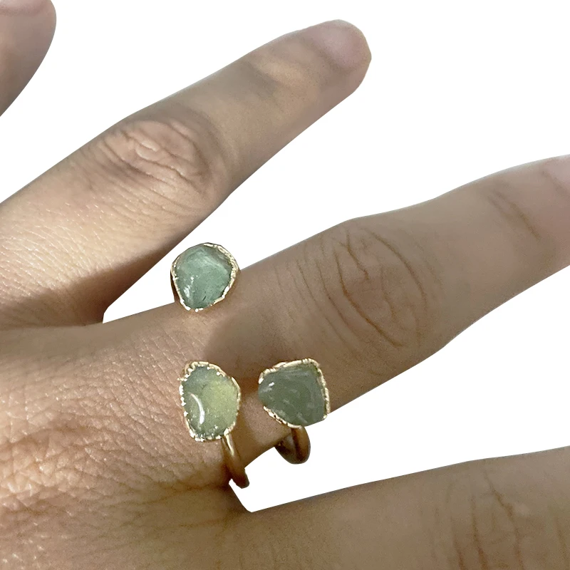 Three Stones Irregular Green Aventurine Open Ring for Women Girls Gold-color Boho Rough Stone Finger Jewelry Resizable