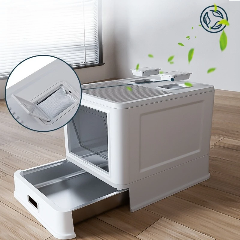 

PP Large Drawer Type Stainless Steel Cat Litter Box Fully Enclosed Foldable Anti-Odor Anti-Splash Pet Cat Toilet Supplies