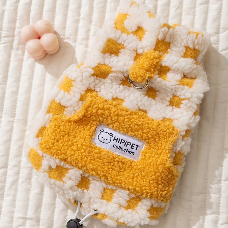 

Yellow Checkered Teddy Vest Winter Dog Clothes Lambswool Pet Coat Warm Clothing for Small and Medium-sized Dogs with Open Button
