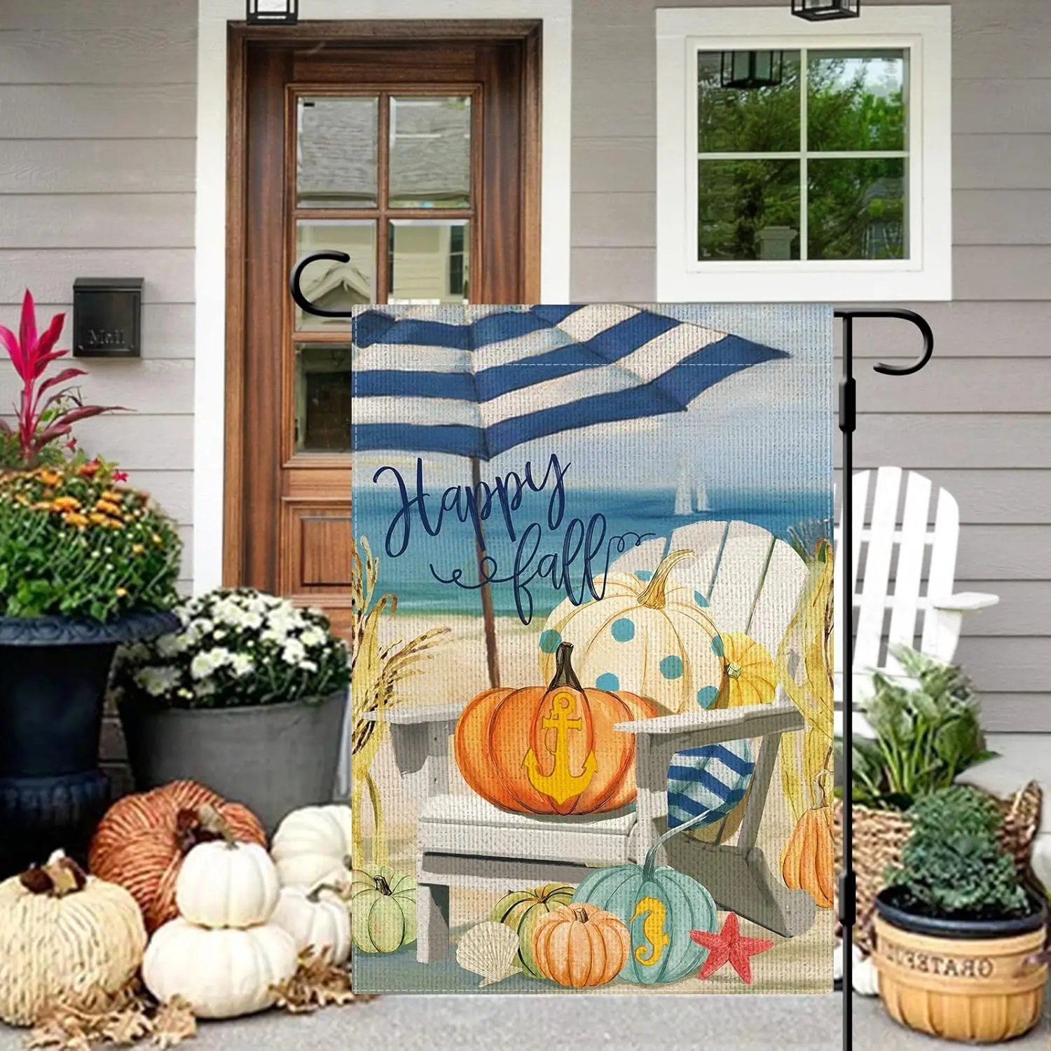 DLZDN Fall Beach Garden Flag Thanksgiving Pumpkin Garden Flag Autumn Nautical Seahorse Shell Yard Flag 12×18 Inch Double Sided V