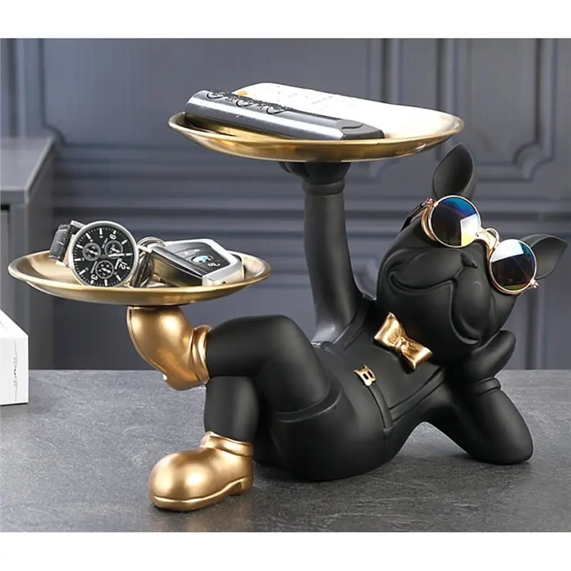 SHGO-Jewelry Tray Nordic Resin Bulldog Animal Statue Dog Statue Key Holder Storage Home Decoration
