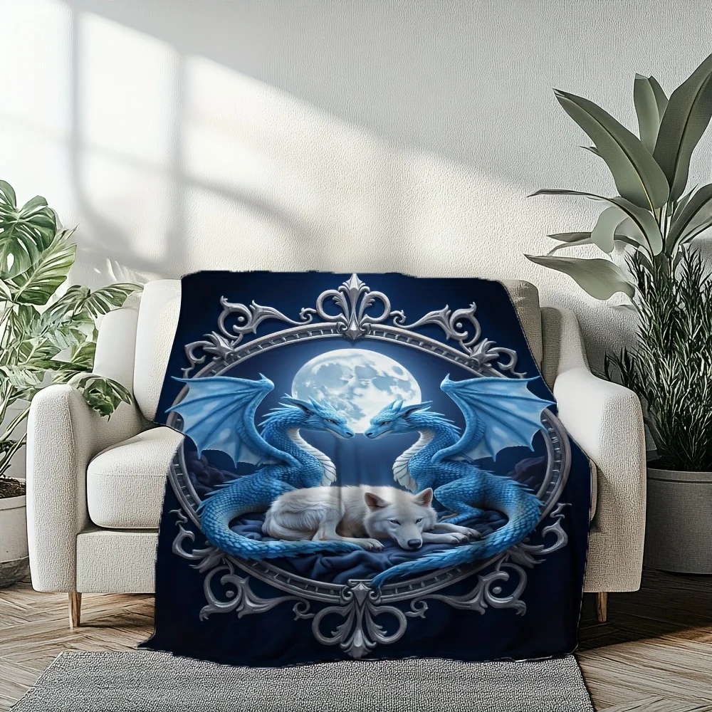 Blue Dragons and White Wolf Fleece Blanket Fantasy Art Design Soft Cozy Throw Home Decor for Living Room or Bedroom 40x60