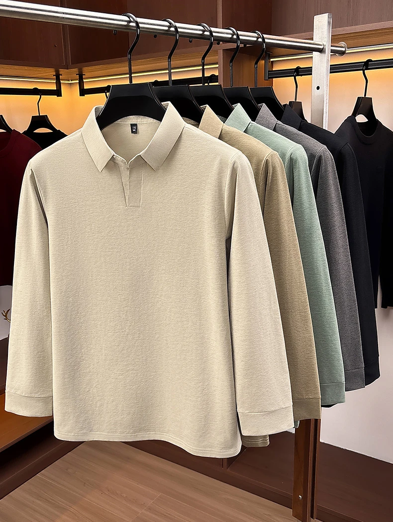 Herren Business Casual Langarm-Poloshirt Frühling Herbst Komfortables Atmungsaktives Arbeitsoberteil für Formelle Anlässe T-Shirts für Männer – Detail 4