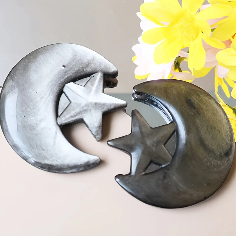 1pc CRYSTALHOLA Natural Obsidian Black Moon & Star Geode - Bohemian Carved Stone Decor for Home view 3