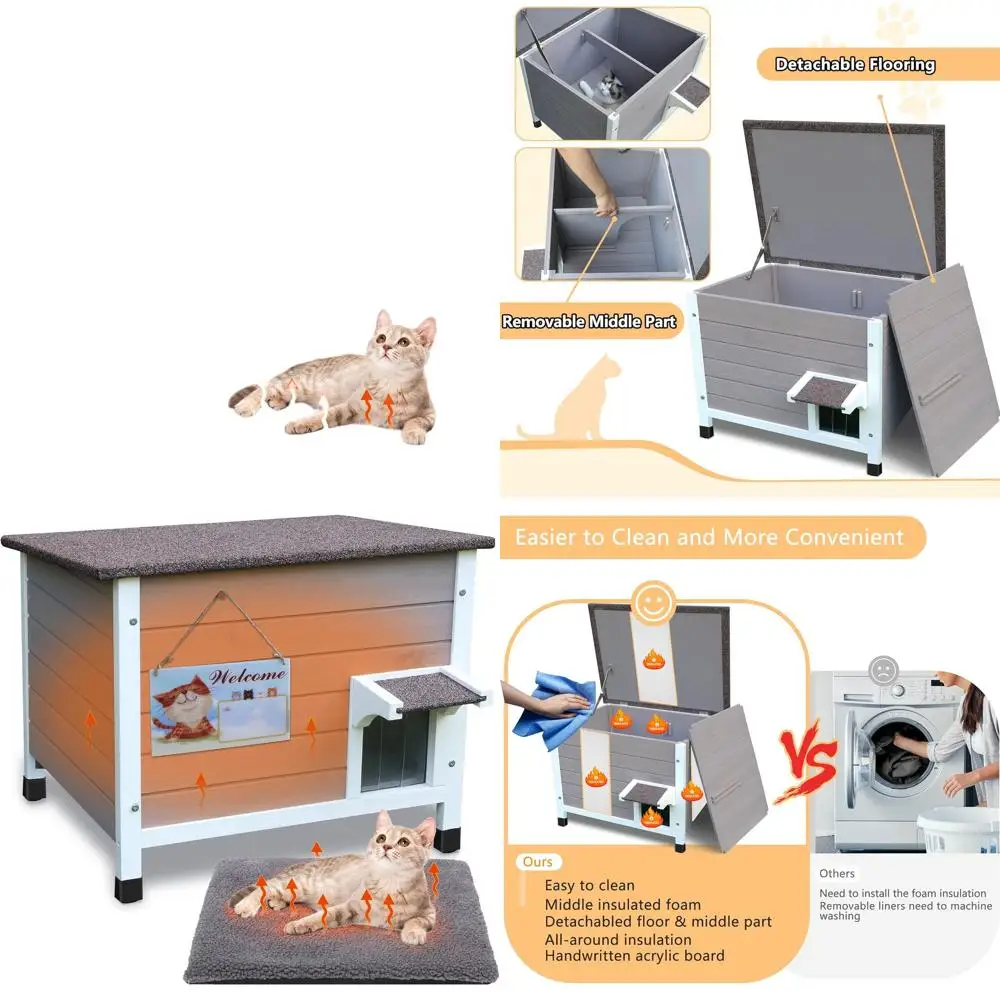 

All-Weather Insulated Outdoor Cat Shelter, Grey with Mat